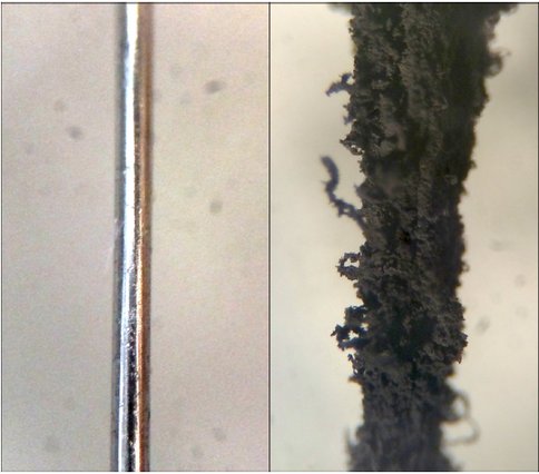 Figure 1: A microscope image of a section of iron wire used in our experiments (0.23 mm in diameter) shown at the same scale before (left) and after (right) exposure to surface-mediated reactions. The wire served as the catalyst for a single experimental run in which a mixture of CO, N<sub>2</sub>, and H<sub>2</sub> produced carbonaceous products at 873K.
