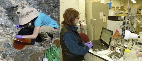 Figure 1. (A) UW Astrobiology student Meg Smith collecting samples of purple sulfur and purple non-sulfur bacteria from Wilbur Hot Springs in Northern California. (B) Performing measurements of biogenic gases using a Hiden Membrane Inlet Mass Spectrometer (MIMS).