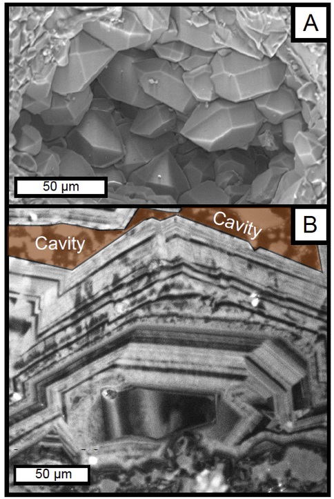 Figure. 3. A. SEM image of cavity megaquartz from Strelley Pool Chert at the Trendall locality. B. CL image of zoned cavity megaquartz. The cavity is colored. (Cammack et al. 2015, Cammack 2015)