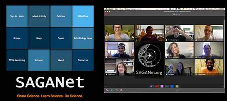 SAGANet webpage and a screenshot of the SAGANet mentors as they prepare to engage students in the Pittsburg Community School Astrobiology Science Challenge.