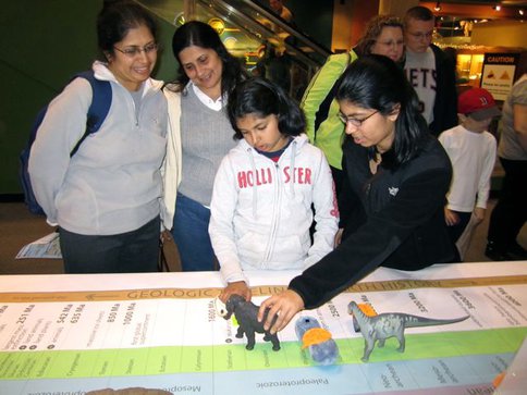 A Family Works on the Timeline Challenge at the Museum of Science