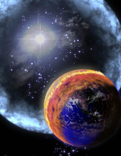 Artist’s impression of a gamma ray burst hitting the Earth. The gamma rays would trigger changes in the Earth’s atmosphere. Credit: NASA