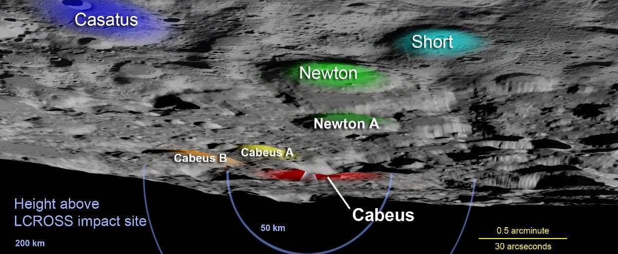 Key lunar landmarks used to locate Cabeus crater, the site of the LCROSS crash.