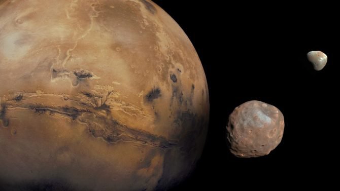 Illustration of Mars with its two moons, Phobos and Deimos. (NASA/JPL-Caltech/Malin Space Science Systems/Texas A&M Univ.)