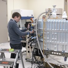 Christian Fischer, from the University of Stuttgart's Institute for Space Systems, works on the Field-Imaging Far-Infrared Line Spectrometer, or FIFI-LS, in the NASA SOFIA science laboratory prior to testing in preparation for the first observing flights.