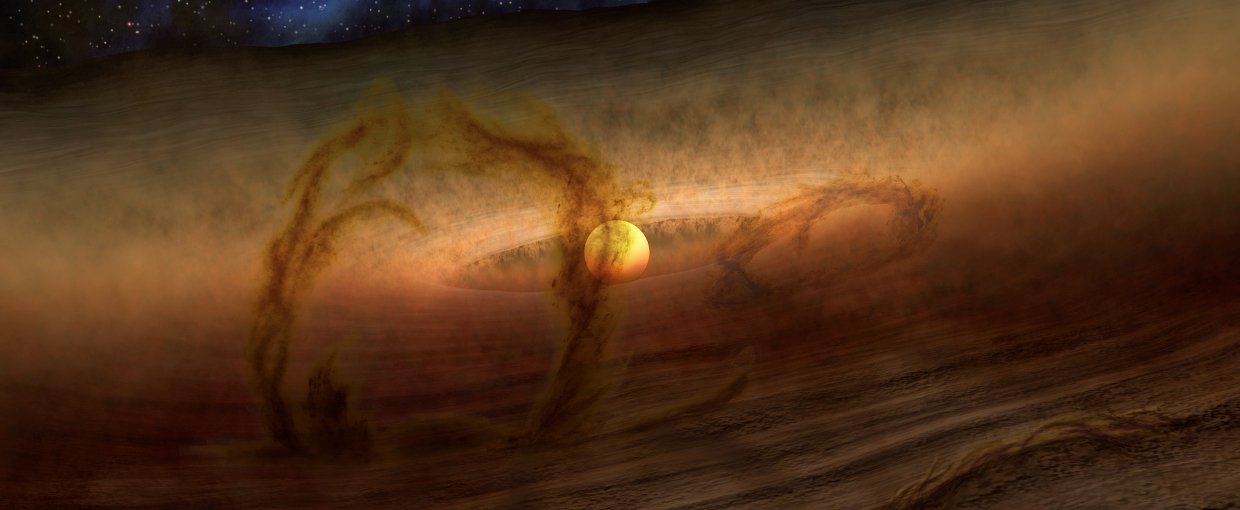 Magnetic loops carry gas and dust above disks of planet-forming material circling stars, as shown in this artist's conception. Credits: NASA/JPL-Caltech