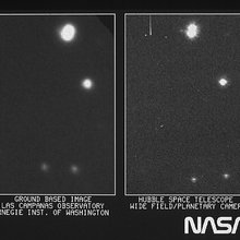 On the right is part of the first image taken with NASA's Hubble Space Telescope's (HST) Wide Field/Planetary Camera. It is shown with a ground-based picture from Las Campanas, Chile, Observatory of the same region of the sky. Credit: NASA, ESA, and STScI