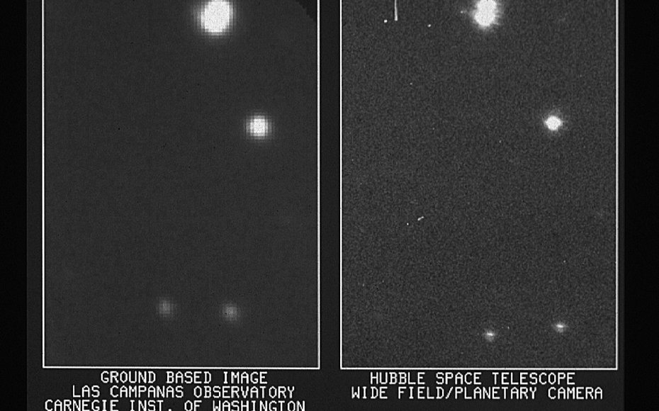 On the right is part of the first image taken with NASA's Hubble Space Telescope's (HST) Wide Field/Planetary Camera. It is shown with a ground-based picture from Las Campanas, Chile, Observatory of the same region of the sky. Credit: NASA, ESA, and STScI