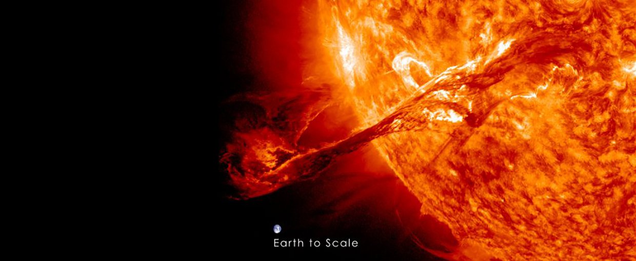 A 2012 coronal mass ejection from the sun. Earth is placed into the image to give a sense of the size of the solar flare, but our planet is of course nowhere near the Sun.