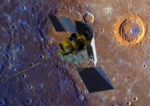 A depiction of the MESSENGER spacecraft flying over Mercury’s surface, displayed in enhanced color.