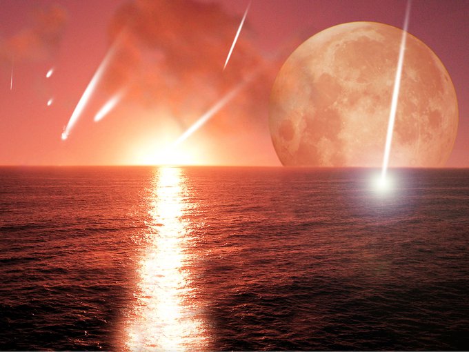 Artist impression of meteorites falling on the early Earth.