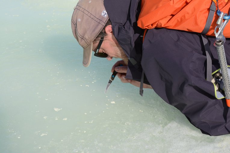 John Spear sniffs sulfide (the human nose is sensitive to 2 ppb sulfide!) from a bubble on a surface pond on the Borup Fiord Pass Glacier.