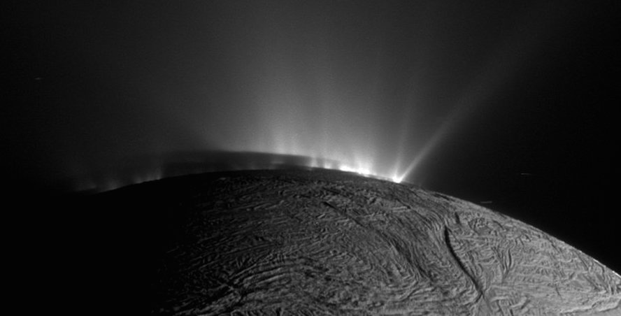 Plumes of water vapor spitting out from the inside of Saturn’s moon Enceladus, as imaged by NASA’s Cassini mission.