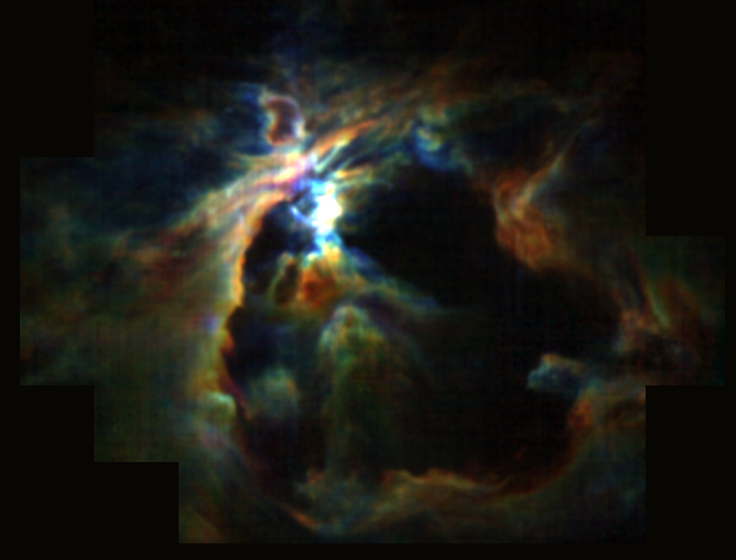 The powerful wind from the newly formed star at the heart of the Orion Nebula is creating the bubble (black) and preventing new stars from forming in its neighborhood.