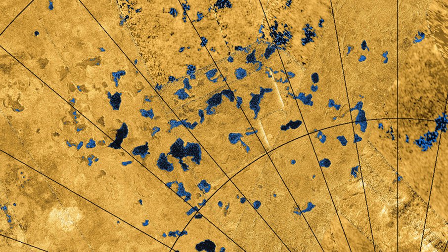 Radar images from NASA's Cassini spacecraft reveal many lakes on Titan's surface, some filled with liquid hydrocarbons, and some appearing as empty depressions.