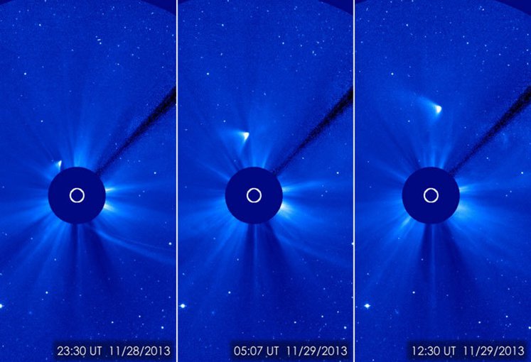 Comet ISON appears as a white smear heading up and away from the Sun in this series of images from the ESA/NASA Solar and Heliospheric Observatory.