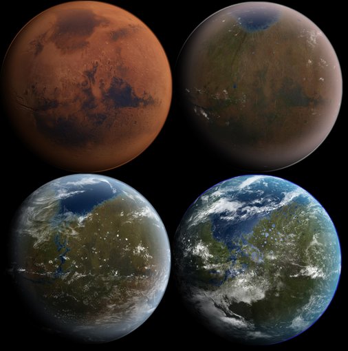 An artist rendering of what Mars might look like over time if efforts were made to give it an artificial magnetic field to then enrich its atmosphere and made it more hospitable to human explorers and scientists. (NASA)