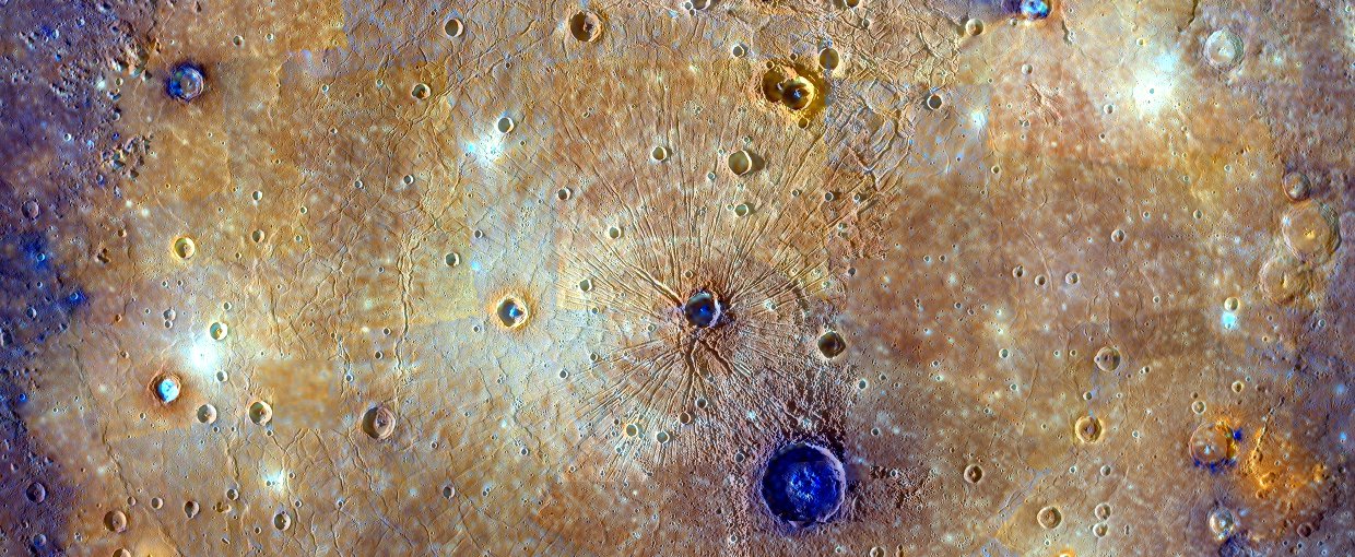 This mosaic of Caloris basin on Mercury is an enhanced-color composite overlain on a monochrome mosaic.