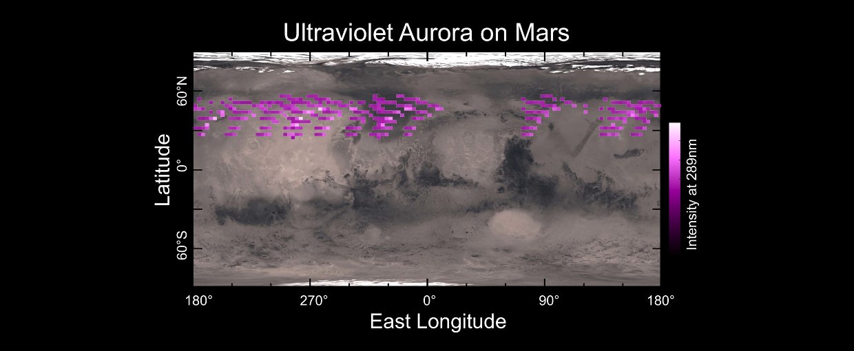 A map of MAVEN's Imaging Ultraviolet Spectrograph (IUVS) auroral detections in December 2014 overlaid on Mars’ surface. 