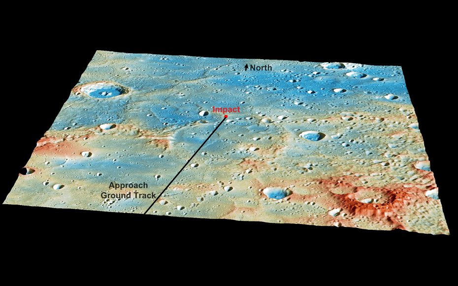 This graphic shows a prediction of the location of MESSENGER's impact on Mercury's surface prior to the completion of the mission.