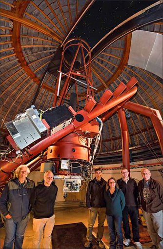 The NIROSETI team with their new infrared detector inside the dome at Lick Observatory. Left to right: Remington Stone, Dan Wertheimer, Jérome Maire, Shelley Wright, Patrick Dorval and Richard Treffers.