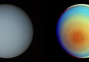 The false-color and contrast-enhanced image of Uranus at right reveals subtle bands of concentric clouds surrounding the planet's south pole.