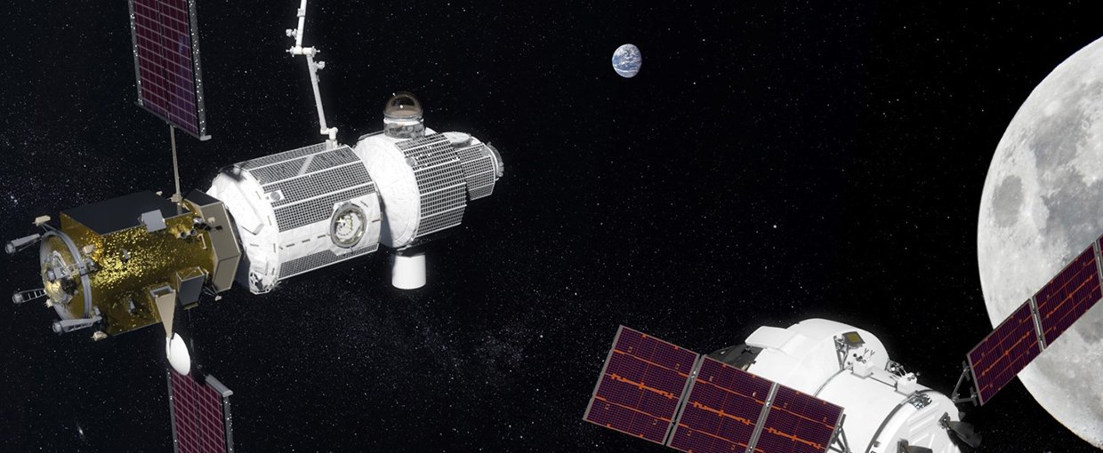 An artist version of a completed Gateway spaceport with the Orion capsule approaching.