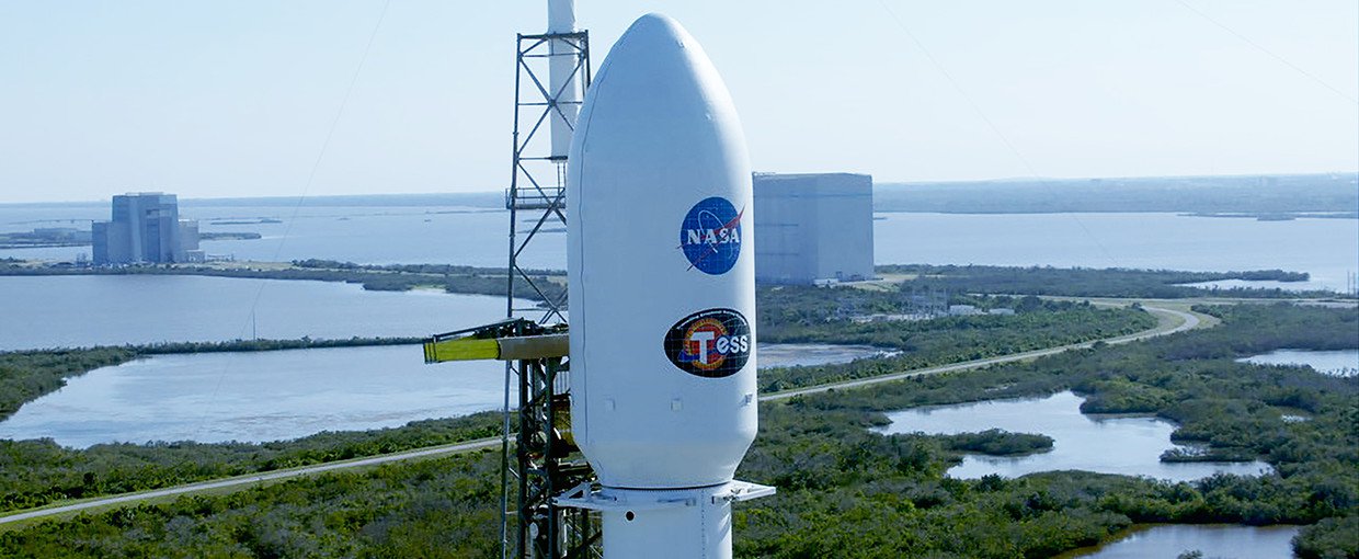 NASA's Transiting Exoplanet Survey Satellite (TESS) inside the payload fairing atop a SpaceX Falcon 9 rocket at Space Launch Complex 40 at Cape Canaveral Air Force Station in Florida.