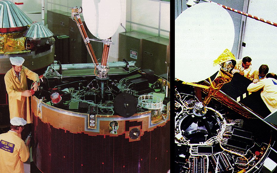 The two Pioneer Venus probes prior to launch. The Pioneer Venus Orbiter is in the foreground with the Pioneer Venus Multiprobe in the background (left). Pioneer Orbiter in the assembly room (right).