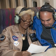 During the Sept. 15 flight, Nichelle Nichols, left, and Jeffrey Killebrew, teacher at the New Mexico School for the Blind and Visually Impaired, discuss wording for the message Nichols was going to send from the stratosphere to the school’s students.