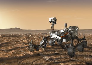 As seen in this artist's concept, the SHERLOC instrument is located on the end of the robotic arm of NASA's Perseverance Mars rover.