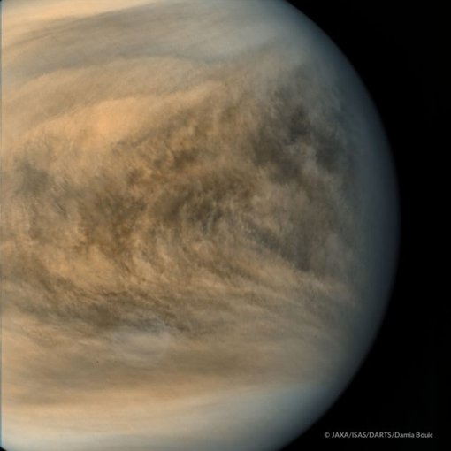 Image of Venus equatorial region from the Japanese Akatsuki probe. Color changes indicate local variations in the amounts of a little-understood ultraviolet absorber and sulfur dioxide in the atmosphere.