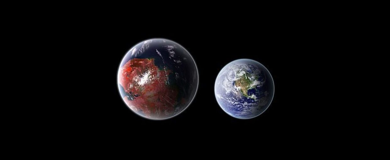 A rendering of the exoplanet Kepler 442 b, compared in size to  Earth.