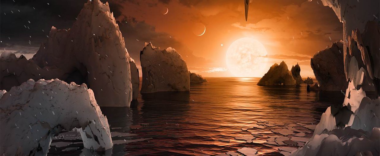 This artist's concept is one interpretation of what it could look like to be standing on the surface of the exoplanet TRAPPIST-1f.
