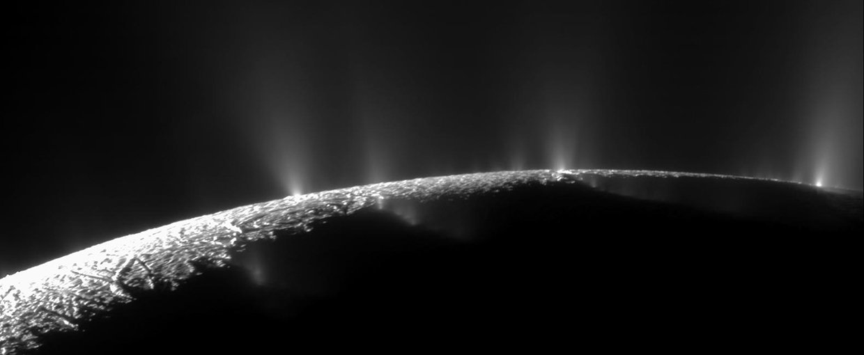 A dramatic plume sprays water ice and vapor from the south polar region of Saturn's moon Enceladus. Cassini's first hint of this plume came during the spacecraft's first close flyby of the icy moon on February 17, 2005.