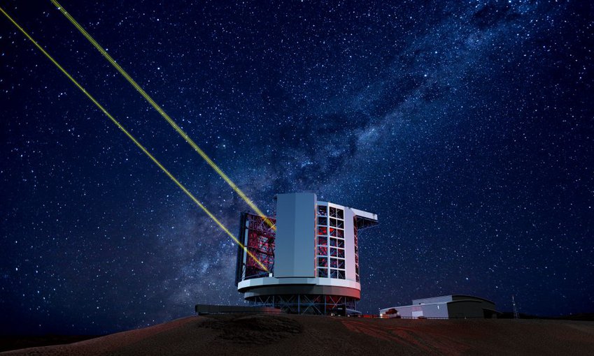 Construction has begun on the Giant Magellan Telescope at the Carnegie Institution’s Las Campanas Observatory in Chile. This rendering shows the 24.5 meter (80 foot) segmented mirror and observatory when completed, estimated to be in 2024.