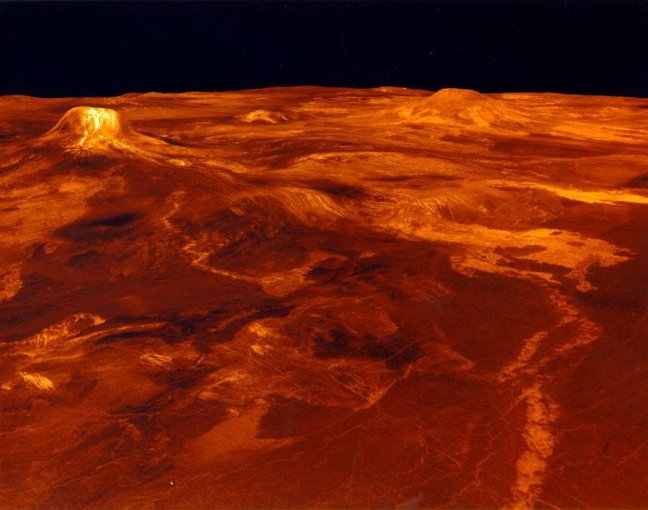 A portion of western Eistla Regio is displayed in this three-dimensional perspective view of the surface of Venus. Synthetic aperture radar data from the spacecraft Magellan is combined with radar altimetry to develop a 3D map of the surface.