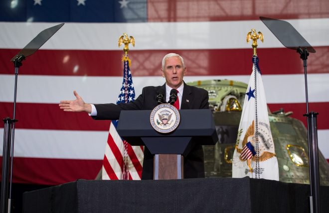 Vice President Mike Pence addresses NASA employees, Thursday, July 6, 2017, at the Vehicle Assembly Building at NASA’s Kennedy Space Center (KSC) in Cape Canaveral, Florida. The Vice President spoke following a tour that highlighted the public-private partnerships at KSC, as both NASA and commercial companies prepare to launch American astronauts in the years ahead.  Pence spoke at length about human space exploration, but very little about NASA space science. (NASA/Aubrey Gemignani)