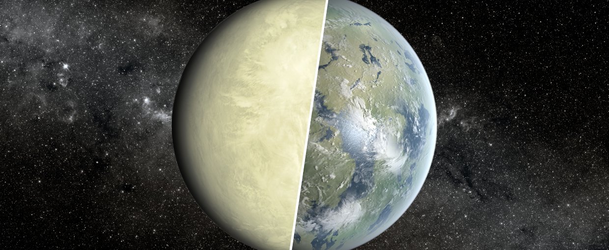 Strategic Program: Exoplanets. This artist's concept shows a Super Venus planet on the left, and a Super Earth on the right.
