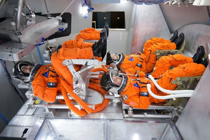 Another mock-up of the inside of the Orion crew module, which carries four astronauts and is scheduled to launch in 2023. It has 316 cubic feet of habitable space, compared with 210 cubic feet for the Apollo capsules.