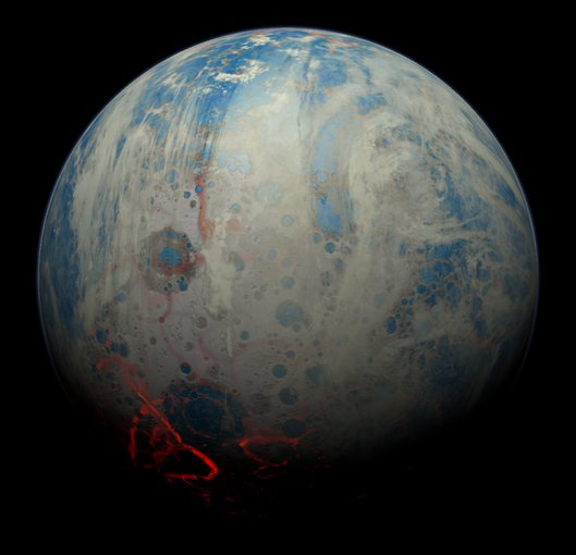 This artistic illustration shows how the early Earth might have looked under bombardment, with circular impact features dotting the daylight side, while hot lava glows on the night side. A thick, yellowish hazy atmosphere is also present. SwRI scientists created a new model for impact-generated outgassing on the early Earth. Image Courtesy of Simone Marchi (SwRI).