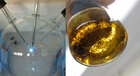 Left: Spark in Miller-Urey apparatus. Right: Reaction involving the complex organics from a Miller-Urey experiment with a nitrogen heterocycle. Credit: Karen Smith / <a href="https://www.newswise.com/articles/researchers-cook-up-chemical-reactions-in-primordial-soup" target="_blank">Boise State University</a> Image credit: None