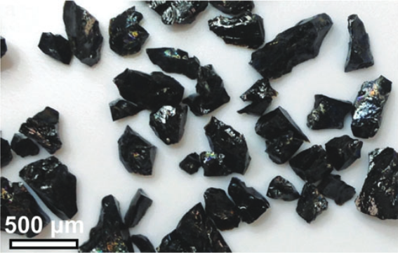 Image of basalt glass shards before being put through an experiment to test whether microtubules will form after exposure to seawater and whether the glass will be altered by fluid-rock interactions. Source: T. McCollom / C. Donaldson / Astrobiology. Image credit: None
