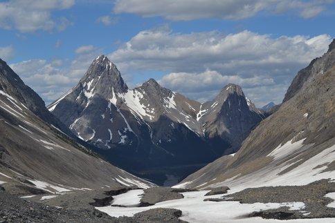 Figure 1. View looking North as one stands on Robertson Glacier, Alberta, Canada in June of 2015.  The glacial outflow channel and associated glacial features are clearly visible in this image.