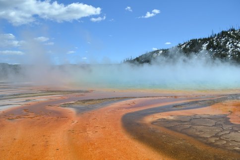 Figure 1.  Outflow channel of Grand Prismatic hot spring, Midway Geyser Basin, Yellowstone National Park, Wyoming, USA. Photo credit:  Eric Boyd.