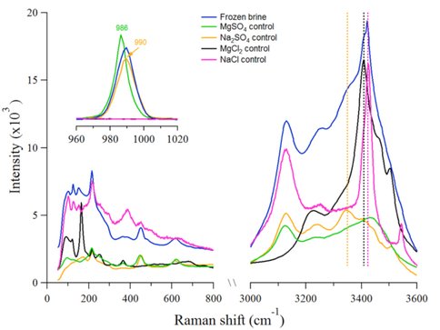 Figure 1: Comparison of the Raman spectrum of a frozen brine mixture containing 3.07 M [Na+], 3.07 M [Cl-], 1.44 M [Mg2+] and 1.44 M [SO42-] (blue) to that of frozen MgSO4 (green), Na2SO4 (orange), MgCl2 (black), and NaCl (magenta) control solutions at 211 K. Inset shows magnification of the sulfate stretch, illustrating the presence of Na2SO4 in the frozen brine. 