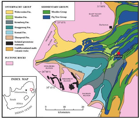 Figure 1. Geologic map of the southwestern half of the Barberton greenstone belt showing the location of the BARB4 core drill site. From Satkoski et al. (2015).