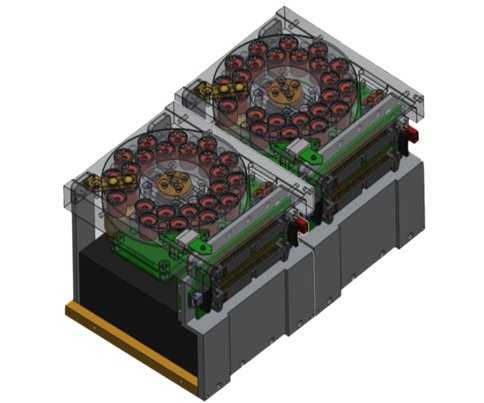 Figure 1. OREOcube: Two independent 10-cm cubes each containing a 24-sample cell carrier and an integrated UV/Vis/NIR spectrometer are used to measure changes in in organic compounds exposed to low-Earth-orbit radiation conditions.