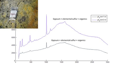 Figure 5. Raman spectra at Gypsum Hill. The spectra show emission bands from gypsum, elemental sulfur, and organic compounds. These set of spectra show evidence of end- and intermediate-products of a sulfide-to-sulfate oxidation pathway; a pathway that may be biomediated. 