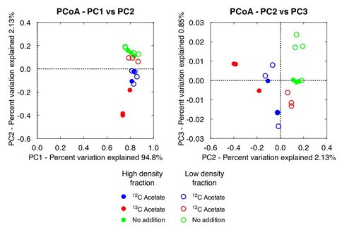Figure 3. Principle components analysis of bacterial 16S rRNA gene amplicon libraries recovered from low- and high-density DNA fractions. Variation explained by PC1 is the difference between Bacteria and Archaea (not shown); PC2 and PC3 are plotted to highlight differences and similarities between treatment groups in the bacterial community.